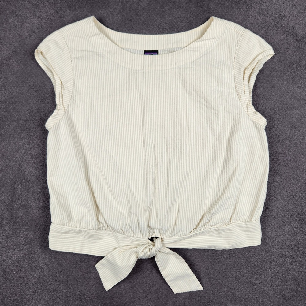 Patagonia Seersucker Tie Top Womens Medium Cream Striped Organic Cotton 52950